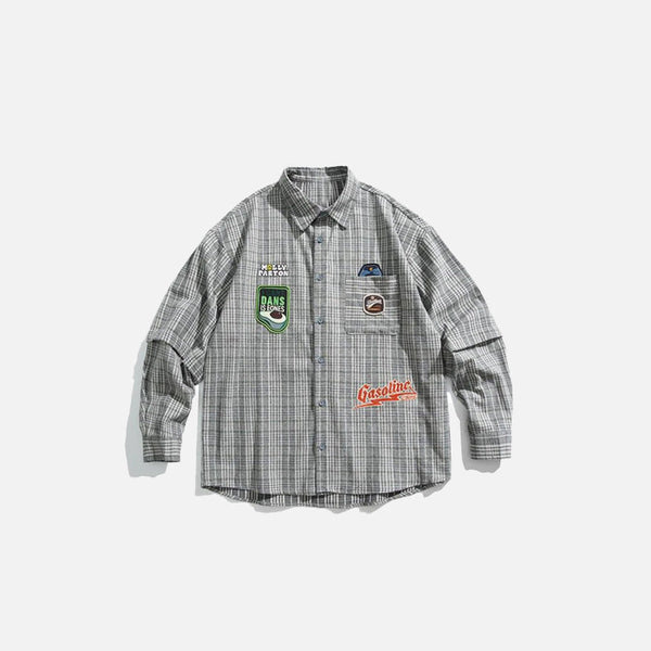 Badge-Emblem Plaid Vintage Loose Top alternatif görünüm