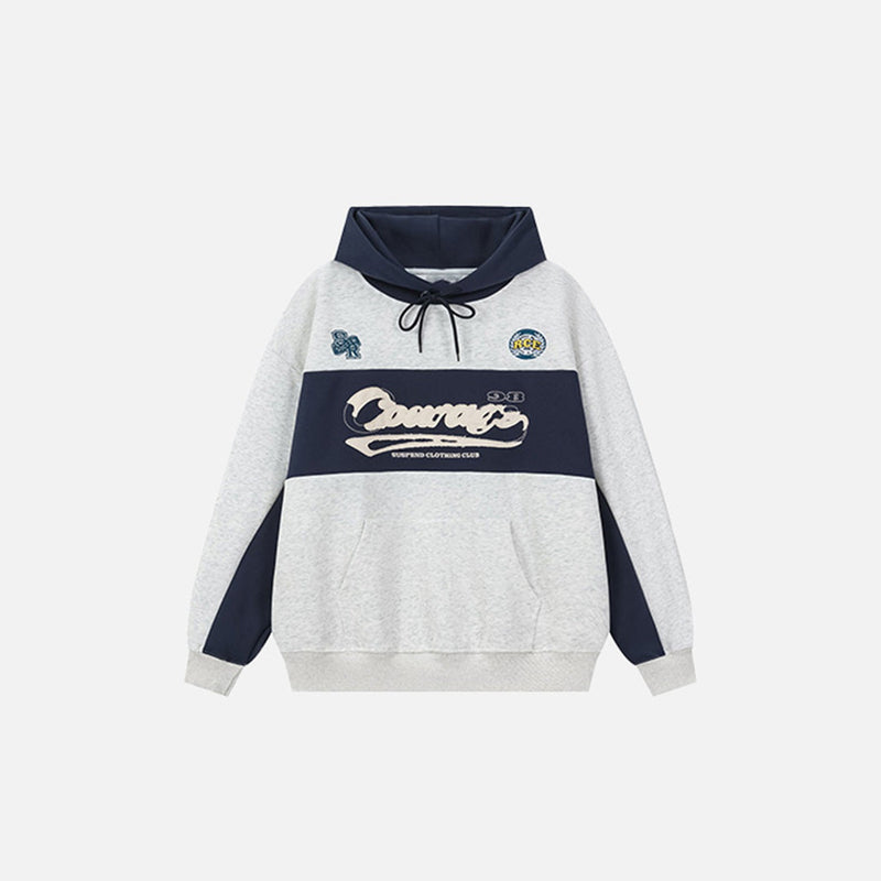 Front view of the grey Retro Vibes Hoodie in a gray background