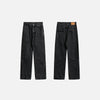 Front & Back view of the black Y2k Rivet Pocket Jeans in a gray background 