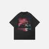 Front view of the washed black Y2K Washed Racing Car T-shirt in a gray background 