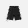 Front view of thr black Side-Striped Ripped Denim Shorts in a gray background
