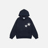 Front view of the navy blue Y2K Starburst Hoodie in a gray background