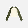 Front view of the olive & green  Color Contrast Long Sleeve Women's T-shirt  in a gray background