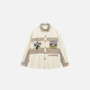 Front view of the beige Retro Plaid Button-Up Shirt in a gray background