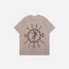 Front view of the dusty gray Y2k Peace Flower Printed T-shirt in a gray background 