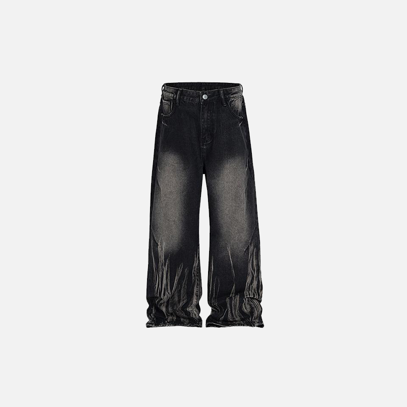 Front view of the black Laser Texture Straight Jeans in a gray background