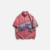 Front view of the pink Bandanna Patchwork Shirt in a gray background