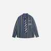 Front view of the blue Embroidered Steiped Shirt in a gray background