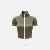 Front view of the olive green Y2k Women's Zip-up Crop Top in a gray background