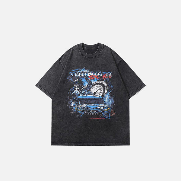 Front view of the black Vintage Loose Toyota Race Car Print T-Shirt in a gray background 