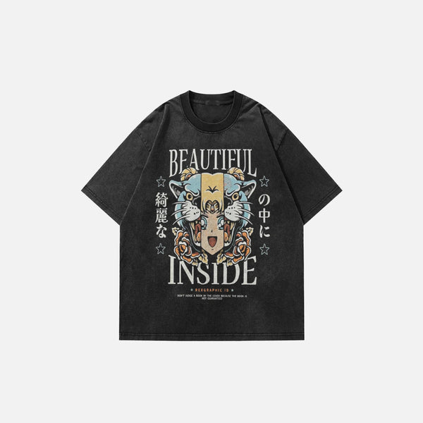 Front view of the black Inner Roar T-shirt in a gray background