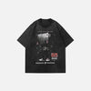 Back view of the black Oversized Vintage Graphic print Washed T-shirt in a gray background