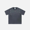 Front view of the gray Vintage Metal Patchwork T-shirt in a gray background