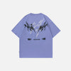 Back view of the purple Tribal Fire T-shirt in a gray background