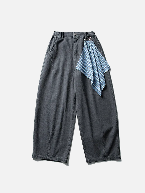Plaid Decorative With Scarf Relaxed Bell Leg Denim alternatif görünüm