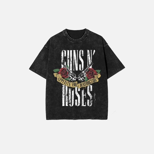 Guns N Red-Petal Battle-Worn Distress-Washed T-Shirt alternatif görünüm