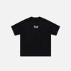 Front view of the black Space End Loose T-shirt in a gray background 