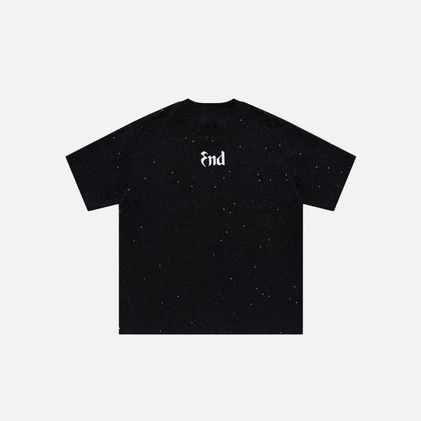 Front view of the black Space End Loose T-shirt in a gray background 