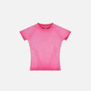 Front view of the pink Women's Retro Elastic T-Shirt in a gray background