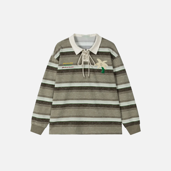 Coconut Tree Embroidery Bar-Print Long Sleeve T-Shirt