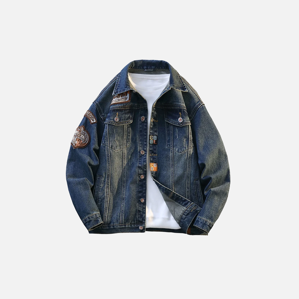 Embroidered Fold-Down Collar Relaxed Denim Jacket
