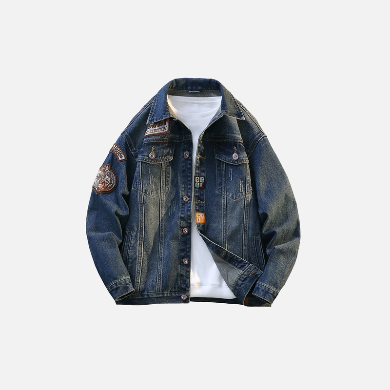 Embroidered Fold-Down Collar Relaxed Denim Jacket