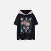 Visual Print Hooded Short Sleeve Ripped T-Shirt