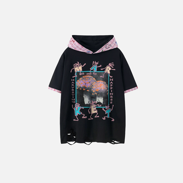 Visual Print Hooded Short Sleeve Ripped T-Shirt alternatif görünüm