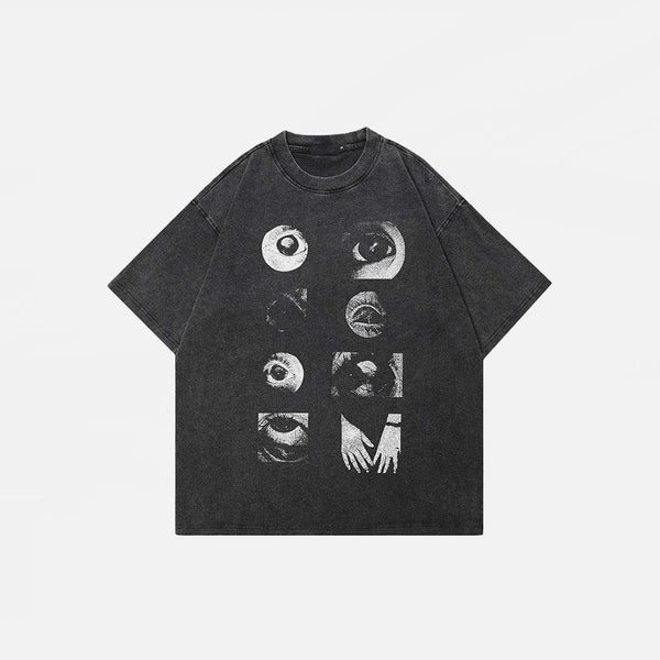Front view of the black Black Graphic Eyes T-shirt in a gray background