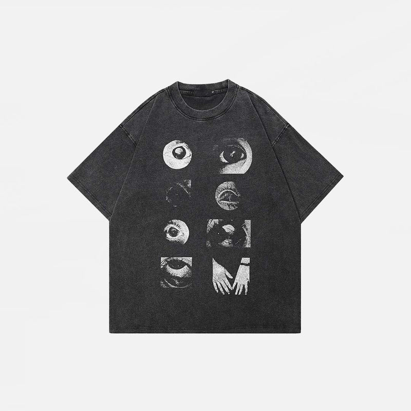 Front view of the black Black Graphic Eyes T-shirt in a gray background