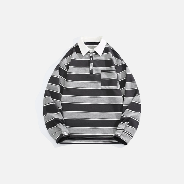 Contrasting Spliced Multi-Stripe Collar-Knit Long Sleeve T-Shirt