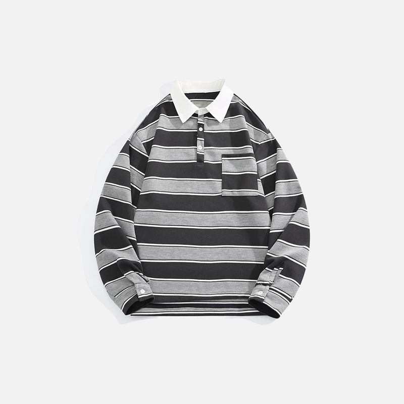 Contrasting Spliced Multi-Stripe Collar-Knit Long Sleeve T-Shirt