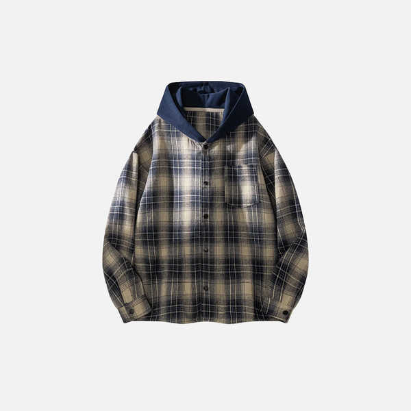 Urban Plaid Hood Overlay Long Sleeve Shirt alternatif görünüm