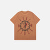 Front view of the brown Y2k Peace Flower Printed T-shirt in a gray background 