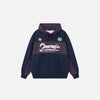 Front view of the purple Retro Vibes Hoodie in a gray background