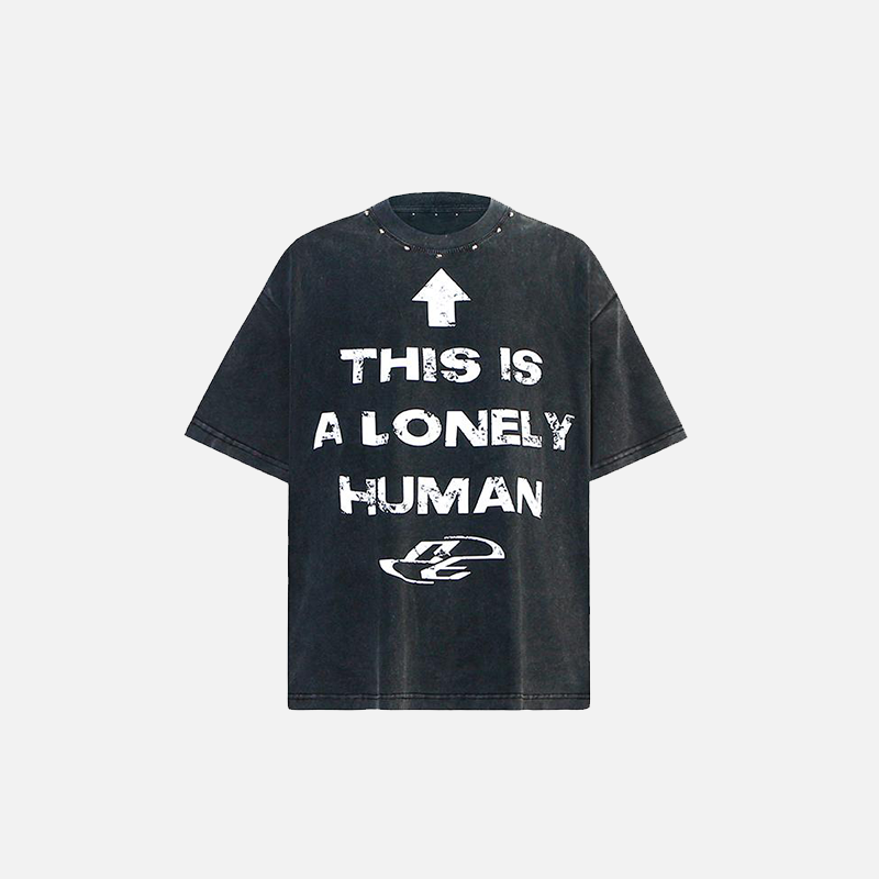 Front view of the black Loose Printed T-shirt in a gray background
