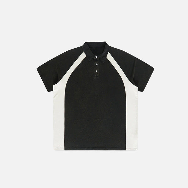 Digital-Age Distress-Washed Contrast Color Placket-Neck T-Shirt alternatif görünüm