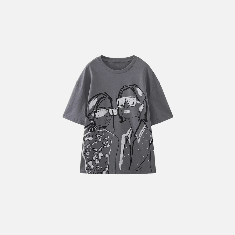 Gray Beaded Print Relaxed-Cut Cotton T-Shirt