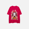 Front view of the purple Y2K Whimsical Doll T-shirt in a gray background