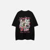Front view of the black Loose Cat Print T-shirt in a gray background