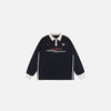 Front view of the navy blue Artery Action Sports Polo Shirt in a gray background