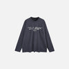 Front view of the dark gray Graphic Text Long Sleeve T-shirt in a gray background