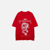 Front view of the red Chinese Dragon Graphic T-shirt in a gray background  
