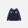 Front view of the navy blue Iconic Insignia Sweater in a gray background