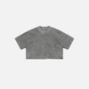 Front view of the gray Women's Retro Washed Distressed T-shirt in a gray background