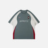 Front view of the gray blue Y2K Sports Graphic T-Shirt in a gray background 