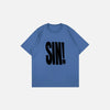 Front view of the blue Women's Vintage Letter Print T-shirt in a gray background