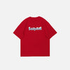 Front view of the red "Suspend" Cold Letter Print T-Shirt in a gray background 
