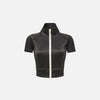 Front view of the dark gray Y2k Women's Zip-up Crop Top in a gray background