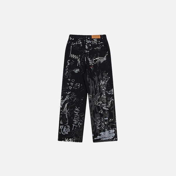 Dark Graphic Print Denim Trousers alternatif görünüm